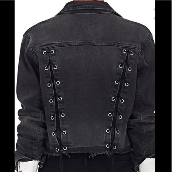 L'Agence XS Grey Jean Jacket Lace Up Crop Denim Blazer Distressed Black Wash - Picture 3 of 16
